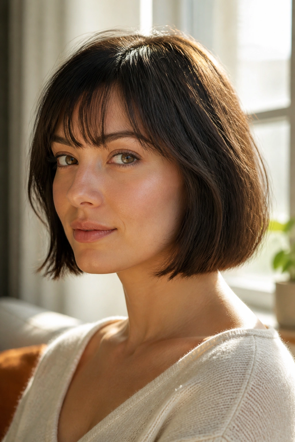 Close-up of a real woman with a French bob and soft fringe.