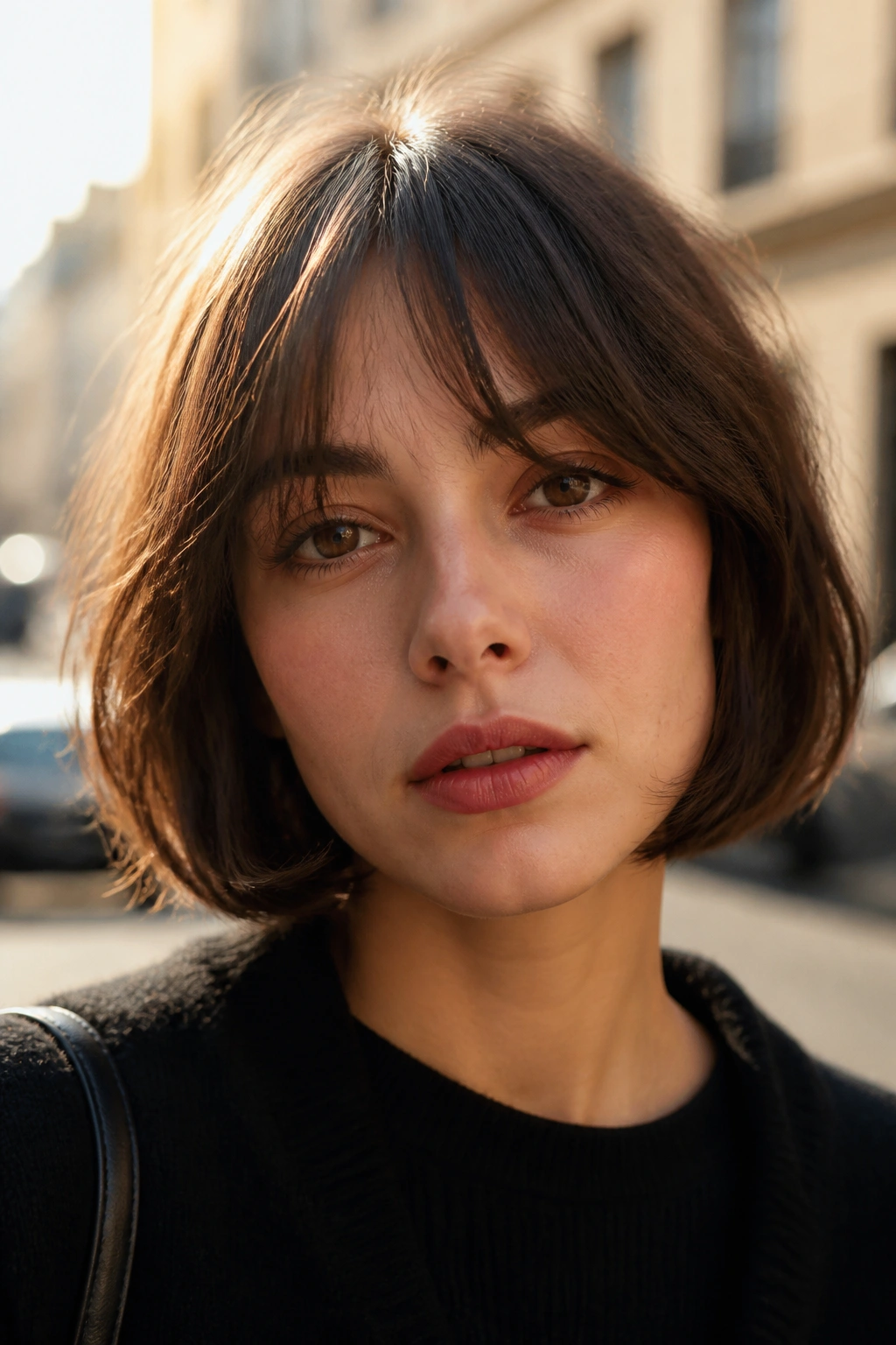 Real woman wearing a French bob with soft fringe in golden-hour street light