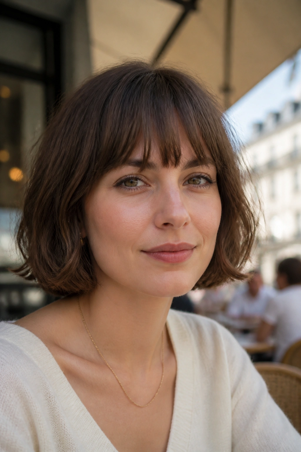 Close-up of a real woman with French bob and soft fringe