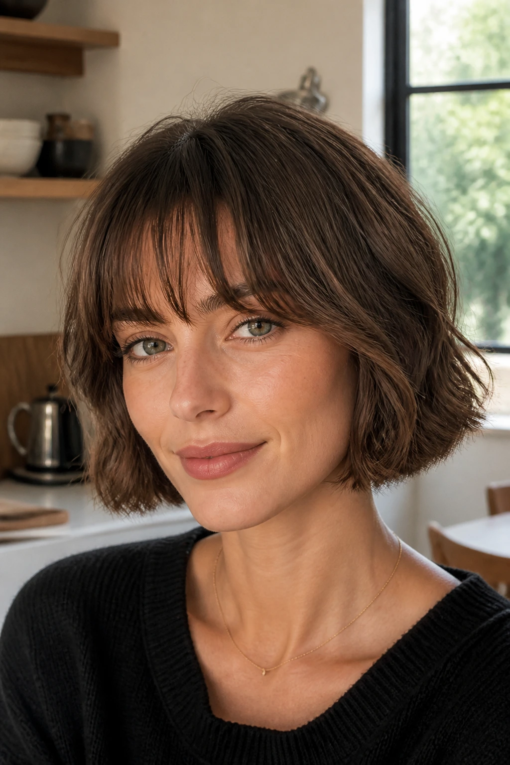 Portrait of a real woman with a French bob and soft fringe, natural light highlighting texture.
