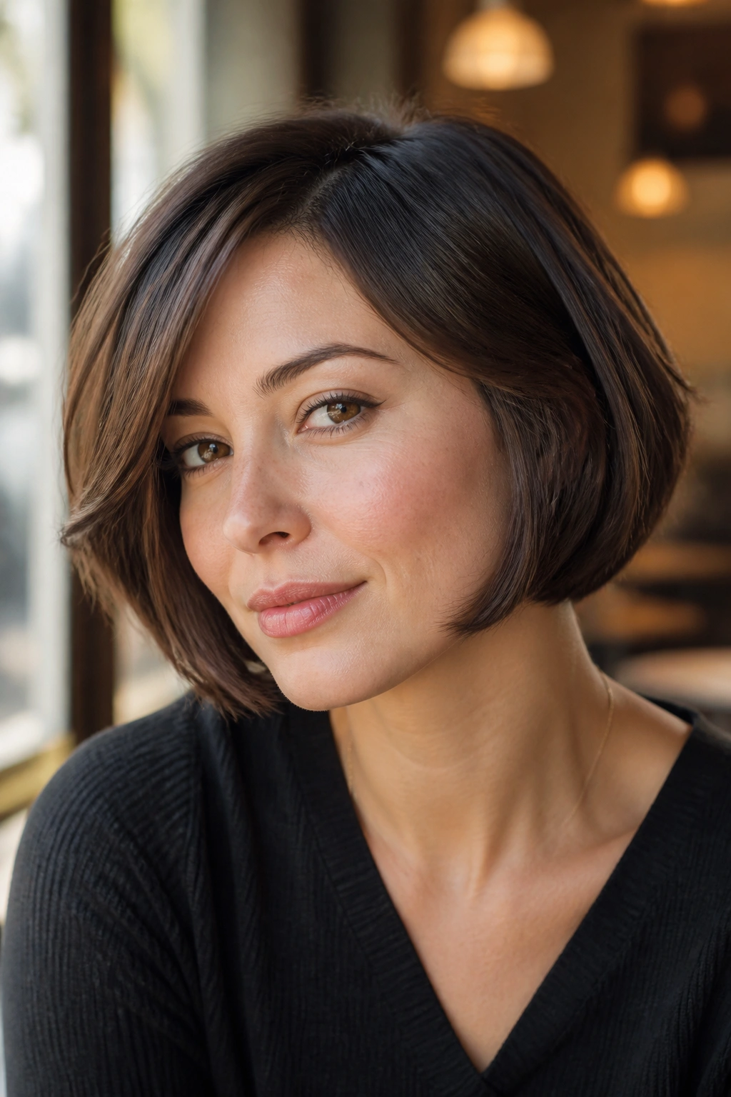 Real woman with a French bob and soft internal layers, chin-length with side part