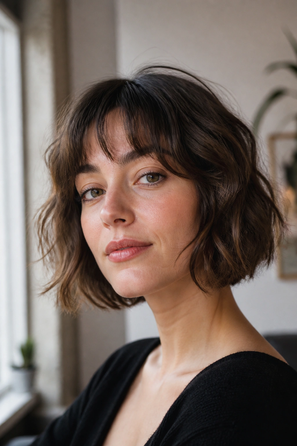 Close-up of a real woman wearing a French bob with soft undone waves