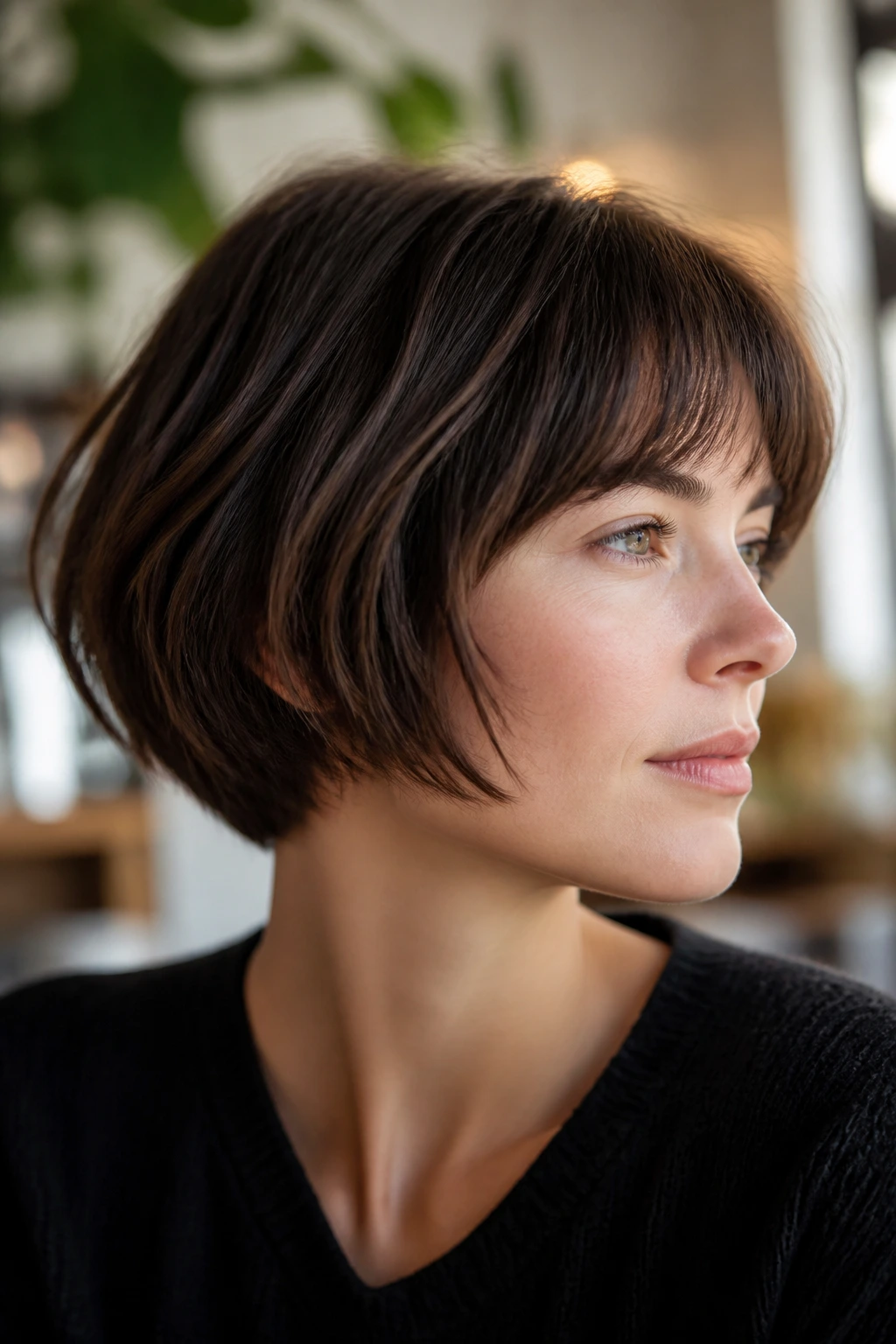 Close-up portrait of a real woman with a soft French bob and gentle nape graduation, natural light.