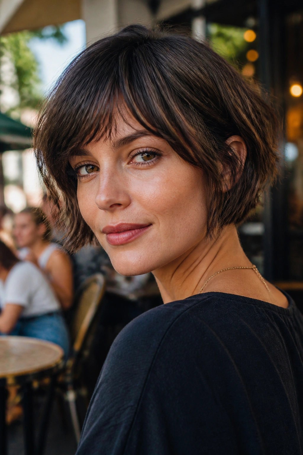 Real woman with textured French bob and fringe in sunlit outdoor cafe