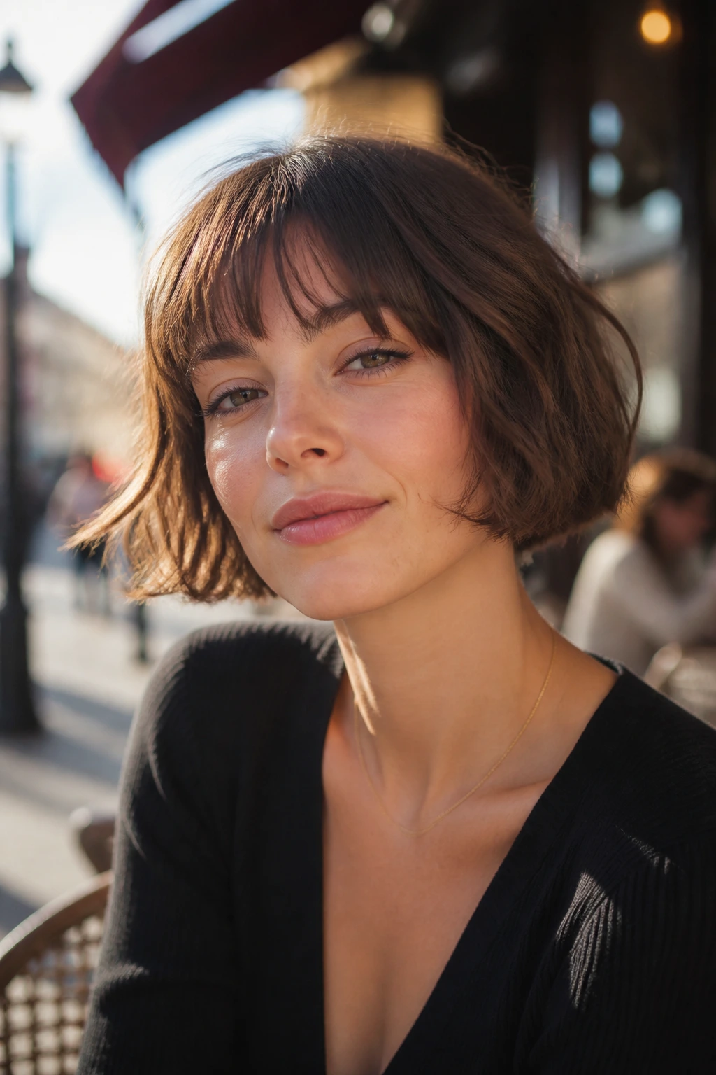 Close-up of a real woman with a jaw-length French bob and broken texture.