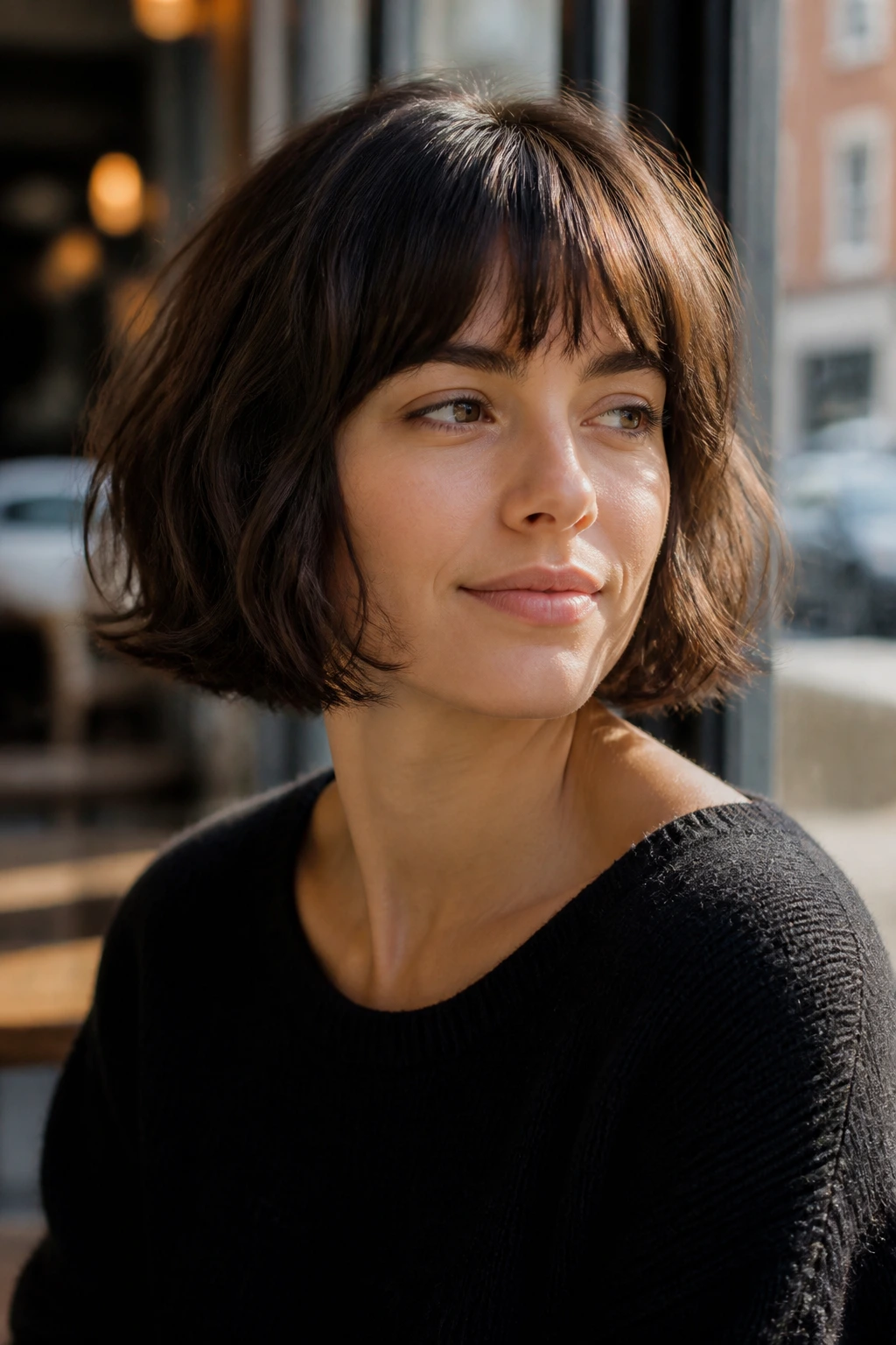 Portrait of a real woman with a French bob and soft fringe in natural light.