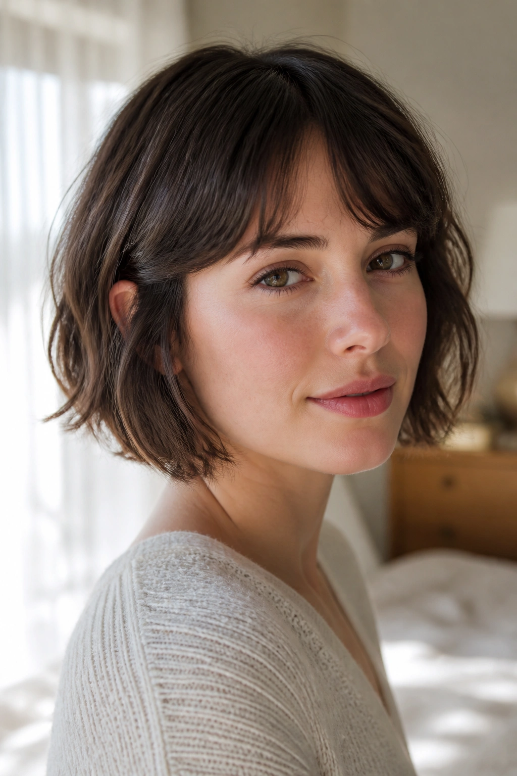 Close-up of a woman with a textured French bob that falls between cheekbone and jaw