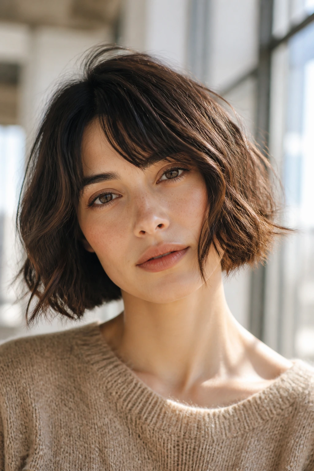 Close-up portrait of a woman with worn-in French bob texture and off-center part.