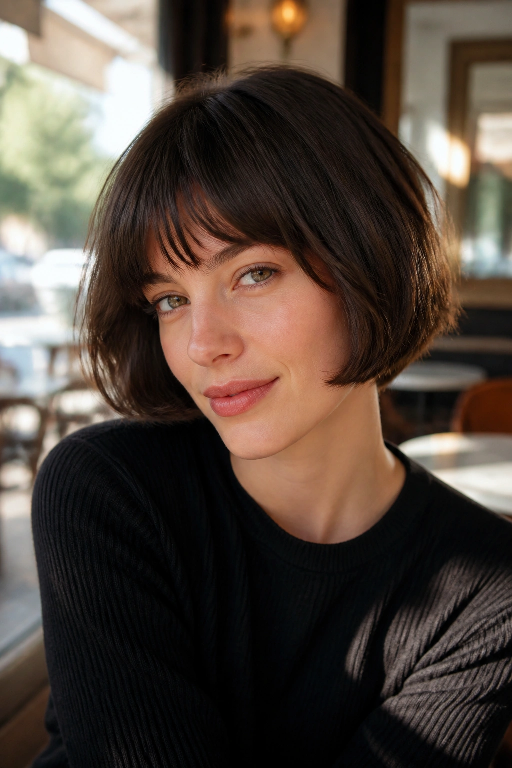 Close-up of a woman with a chin-length French bob for thick hair in natural window light at a cafe