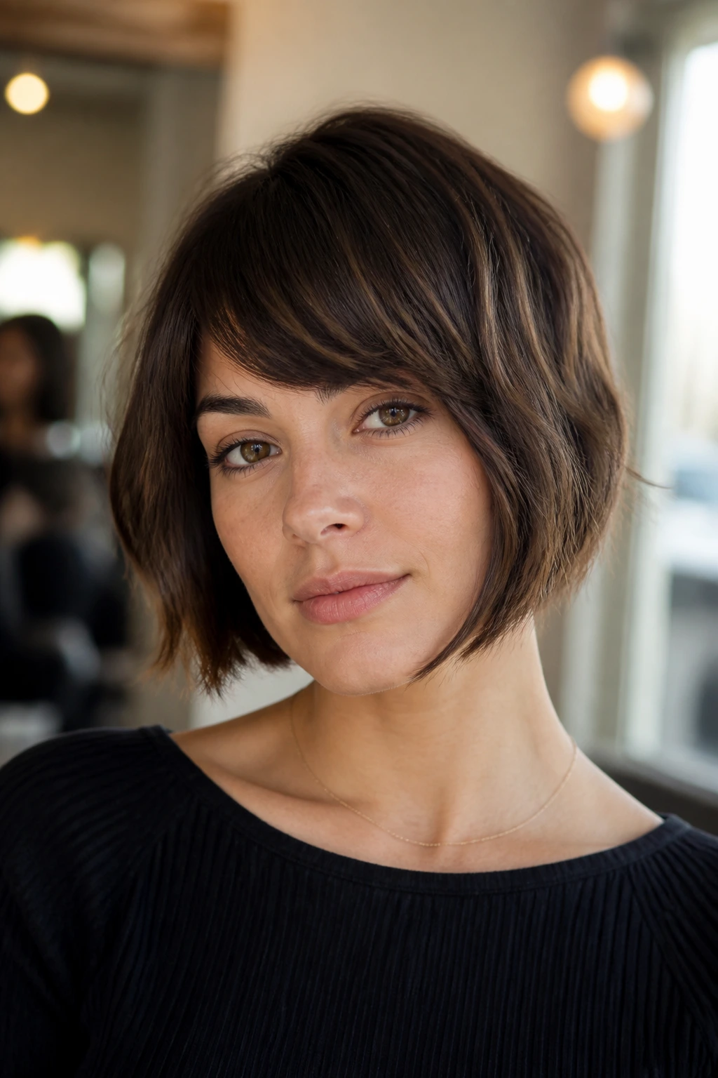 Close-up of a real woman showing a French bob with a tilt and subtle fringe.