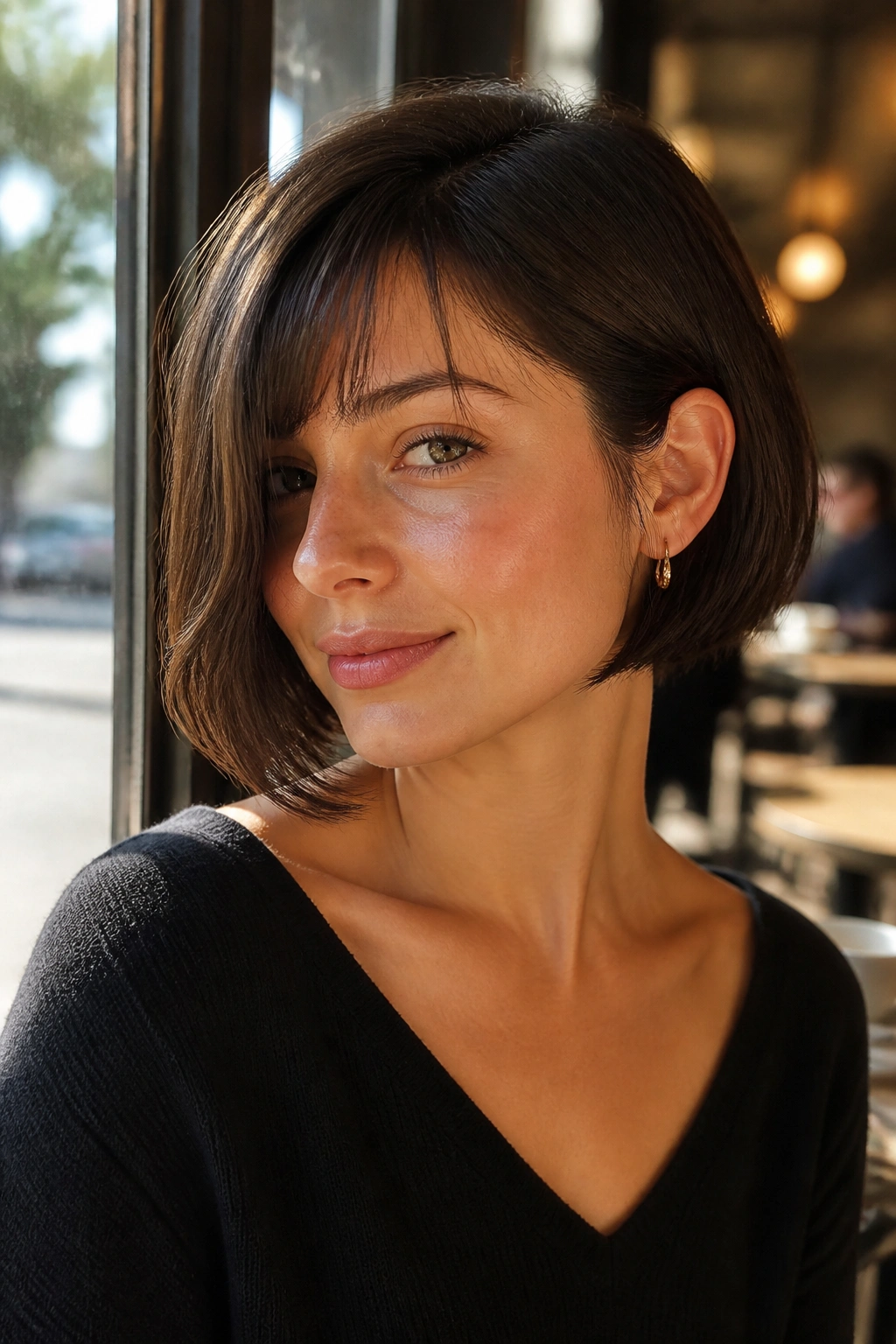 Portrait of a woman with a tucked-behind-one-ear French bob