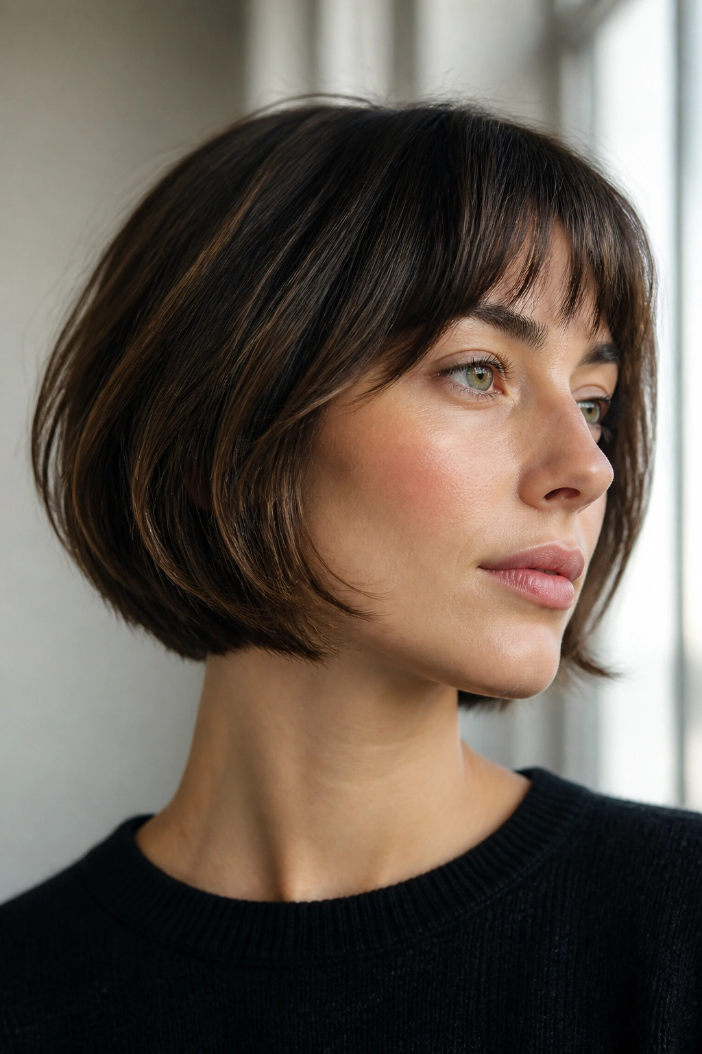 Real person with chin-length French bob with underlayers, close-up.