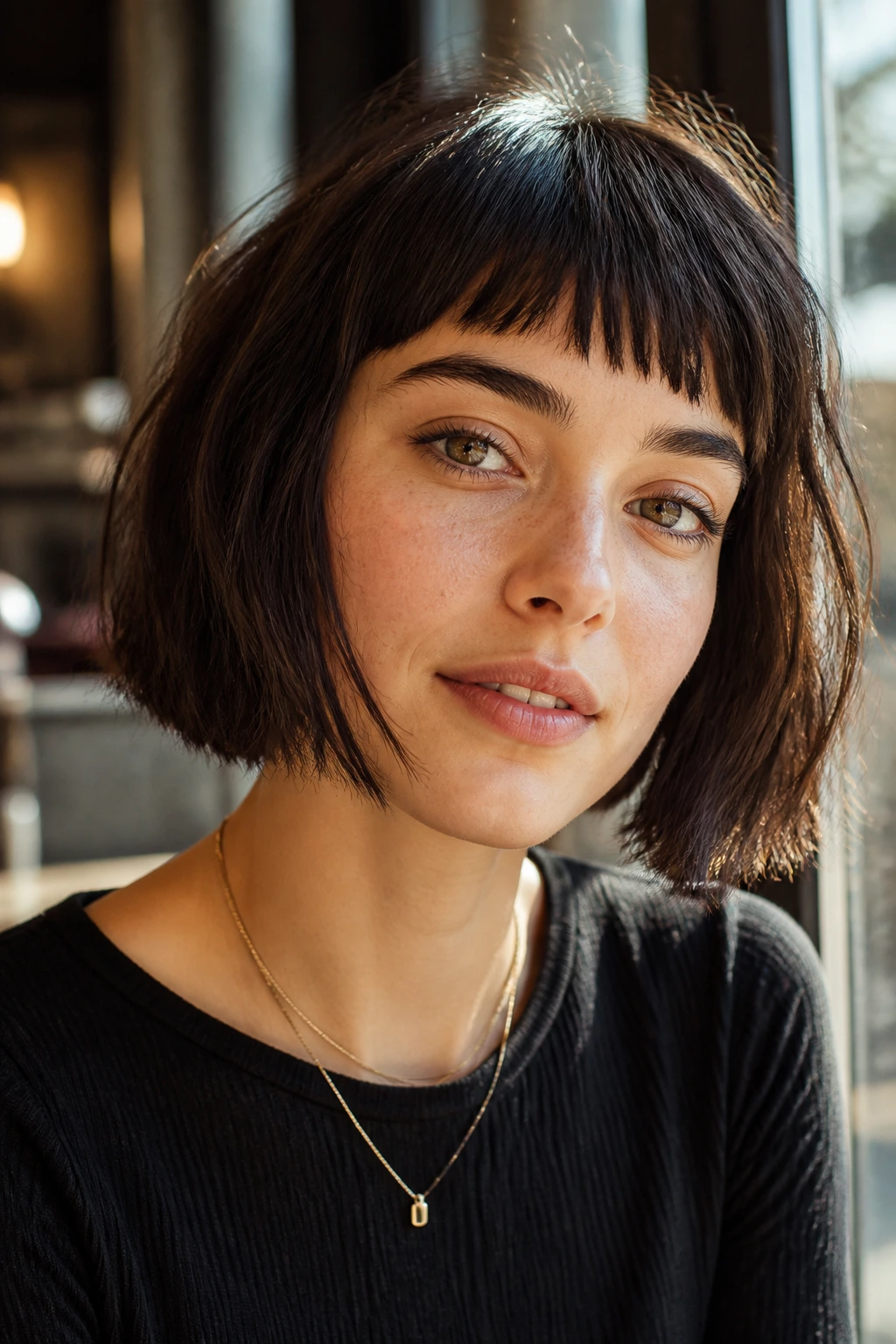 Close-up of real woman with French bob and uneven fringe in cafe window light.