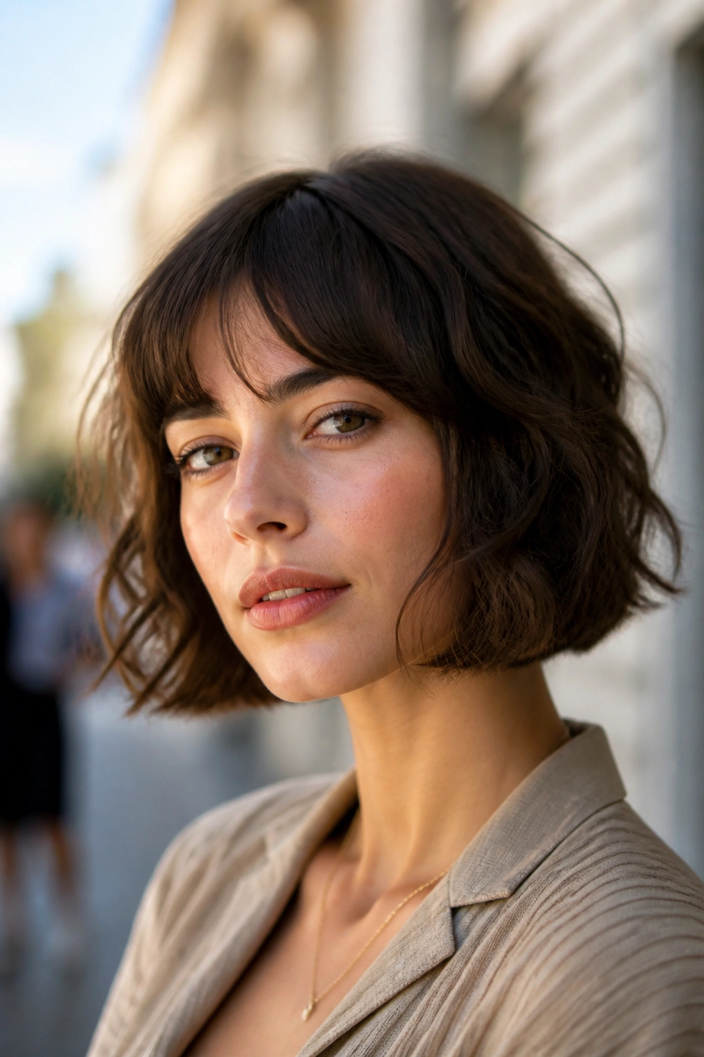 Close-up of a woman with a jaw-length French bob and soft ends