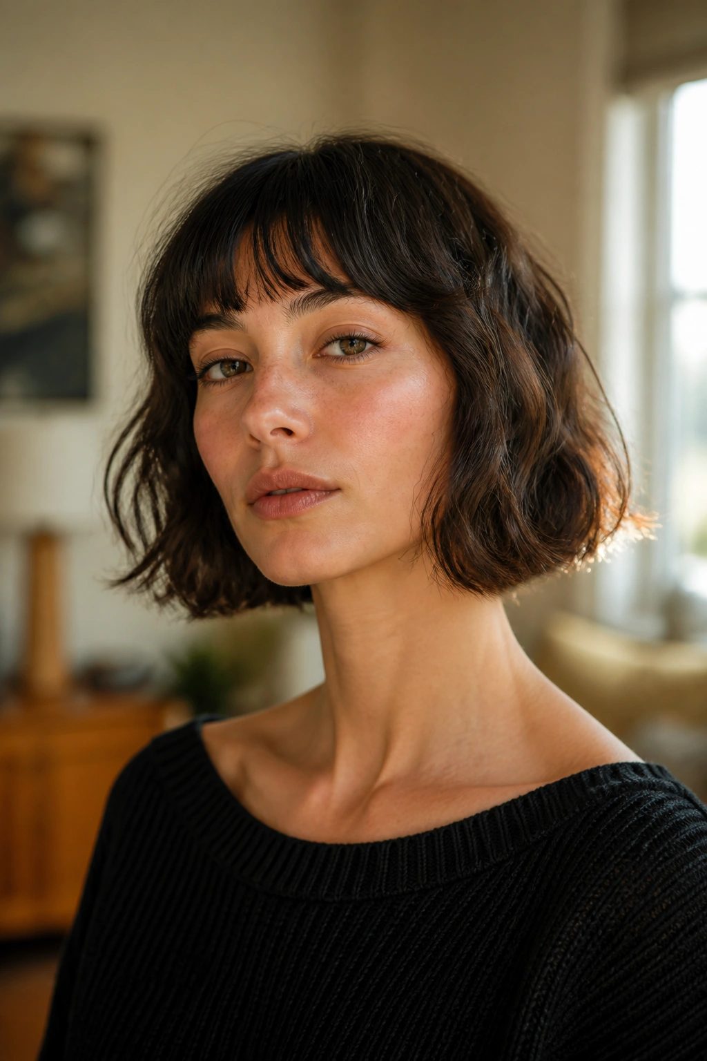 Close-up of a real woman with a jaw-length French bob and soft waves in warm window light