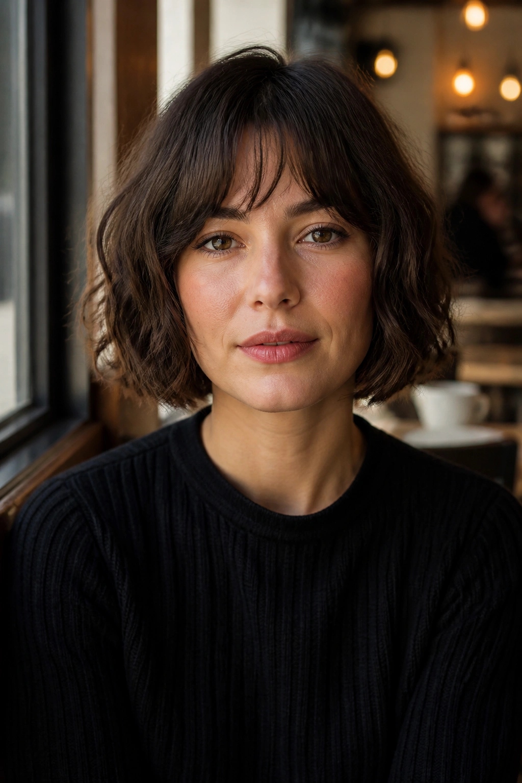 Close-up of a real woman with a French bob in a cafe setting