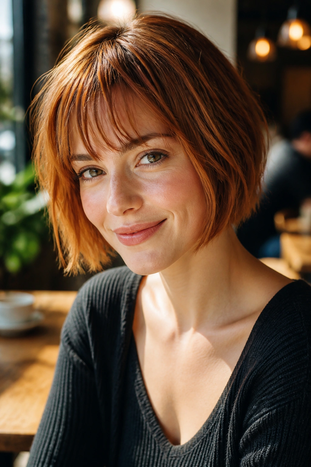 Close-up of a real person with wispy bangs French bob in auburn copper.