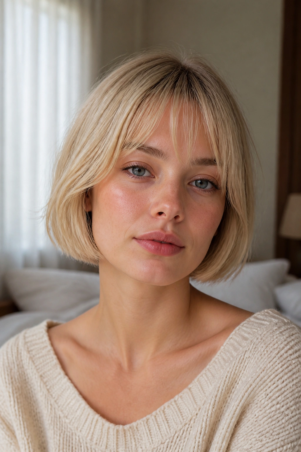 Portrait of a woman with a French bob and wispy bangs in pale blonde