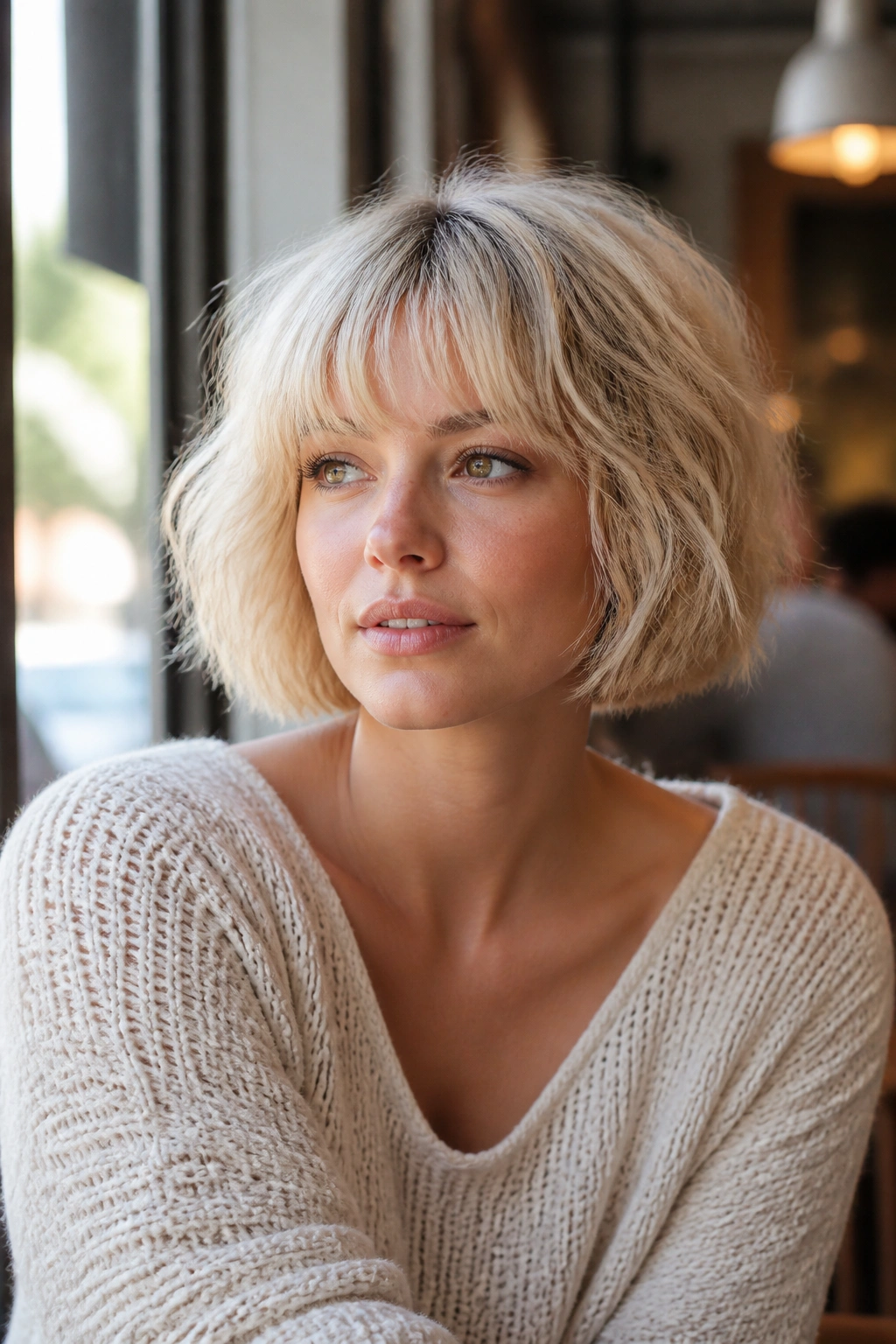 Close-up of a real woman with a French bob and wispy fringe under natural cafe light.