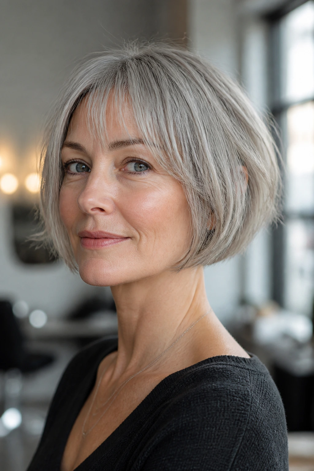 Close-up portrait of a real woman with a jaw-length French bob and wispy fringe on grey hair