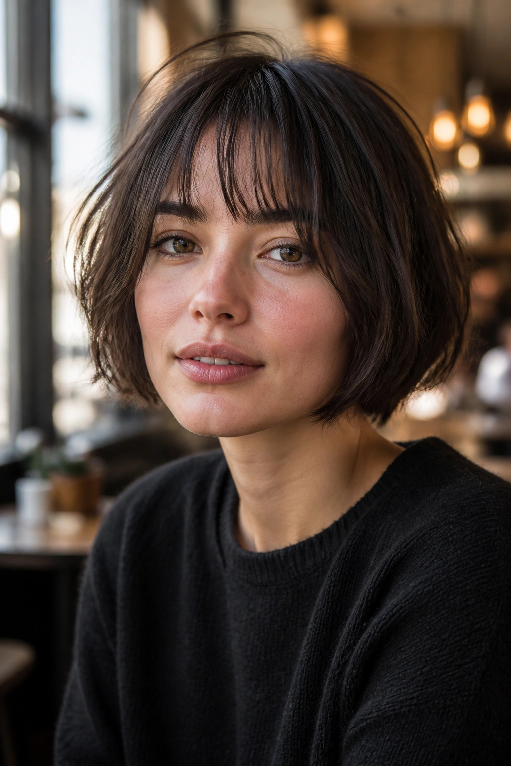 Close-up portrait of a real woman with French bob and wispy fringe
