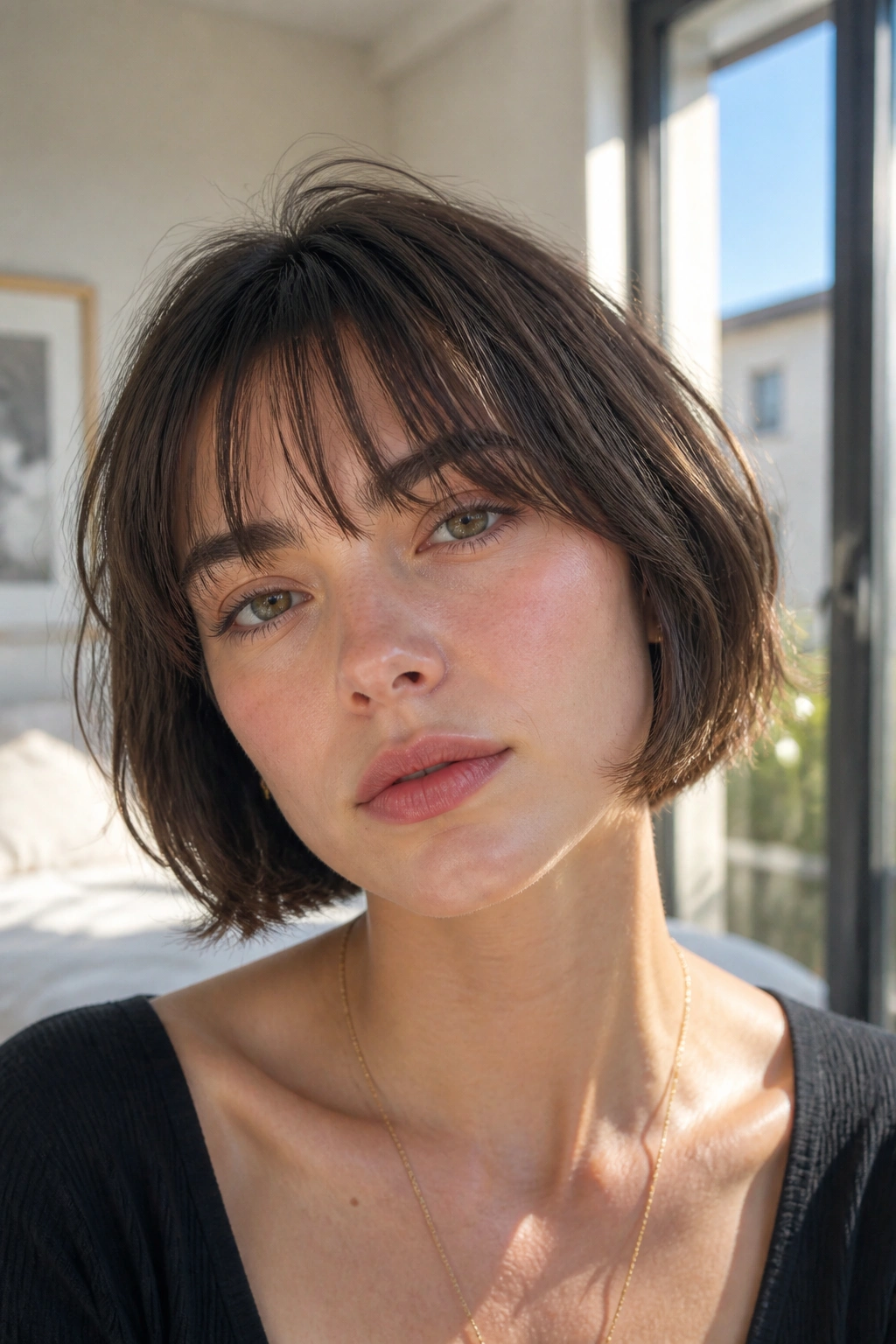 Close-up of a real woman with a French bob and wispy fringe in natural morning light