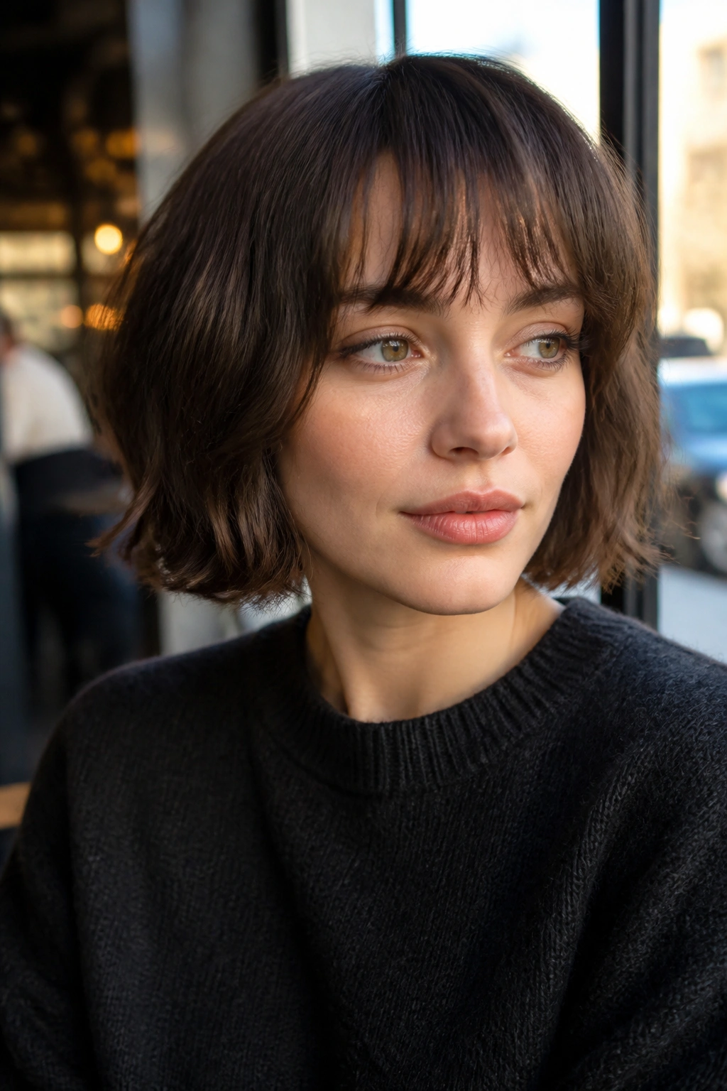 Real-person portrait with a French bob and wispy fringe