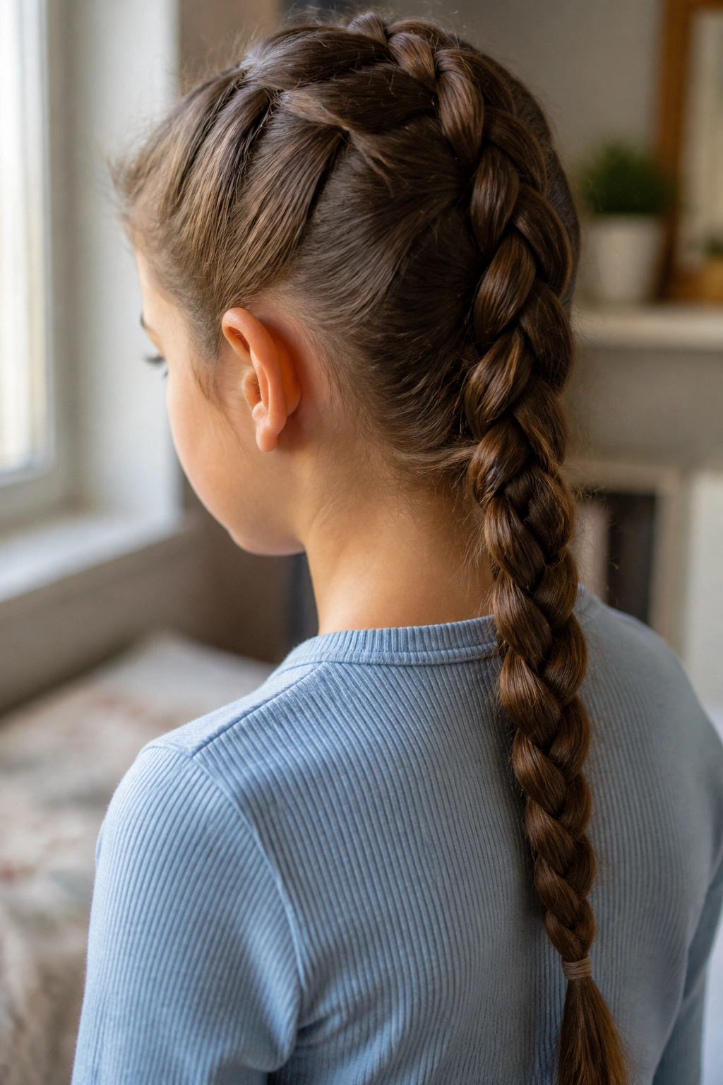 Rear view close-up of a real girl with a French braid down the back