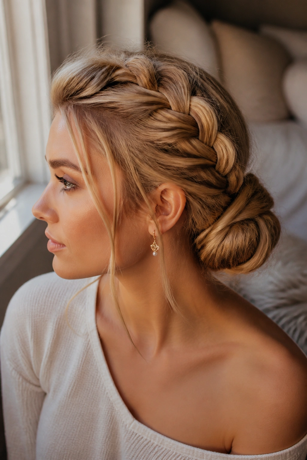 Close-up of real woman with French braid into a low bun