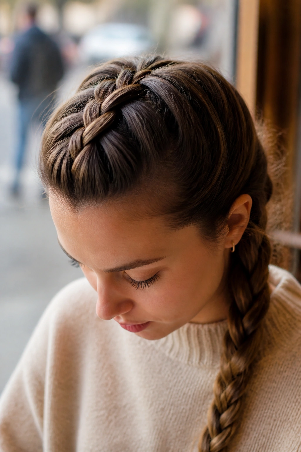 Close-up of a real woman with a French braid along the crown