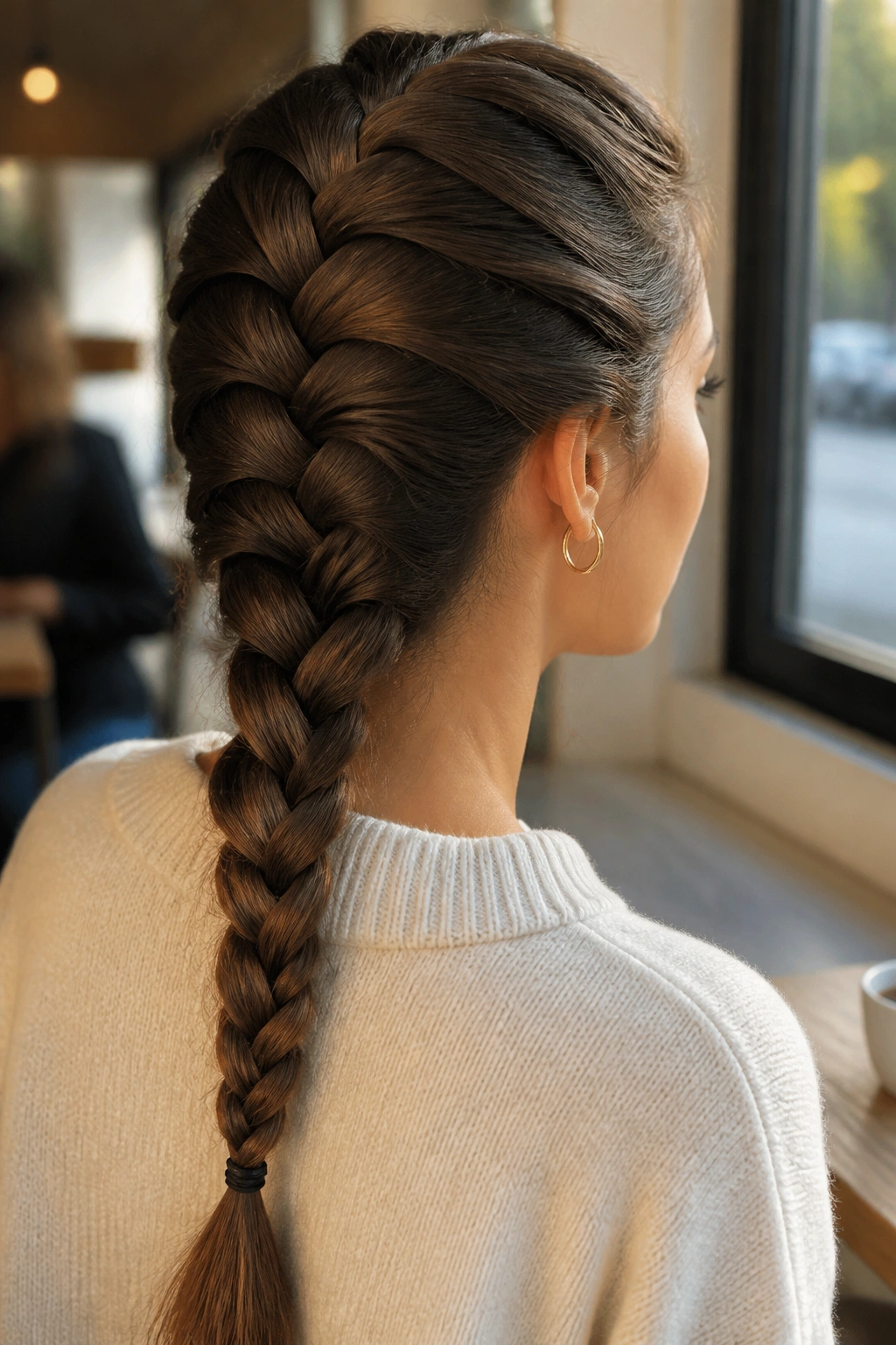 Close-up of a real woman wearing a French braid along the scalp.