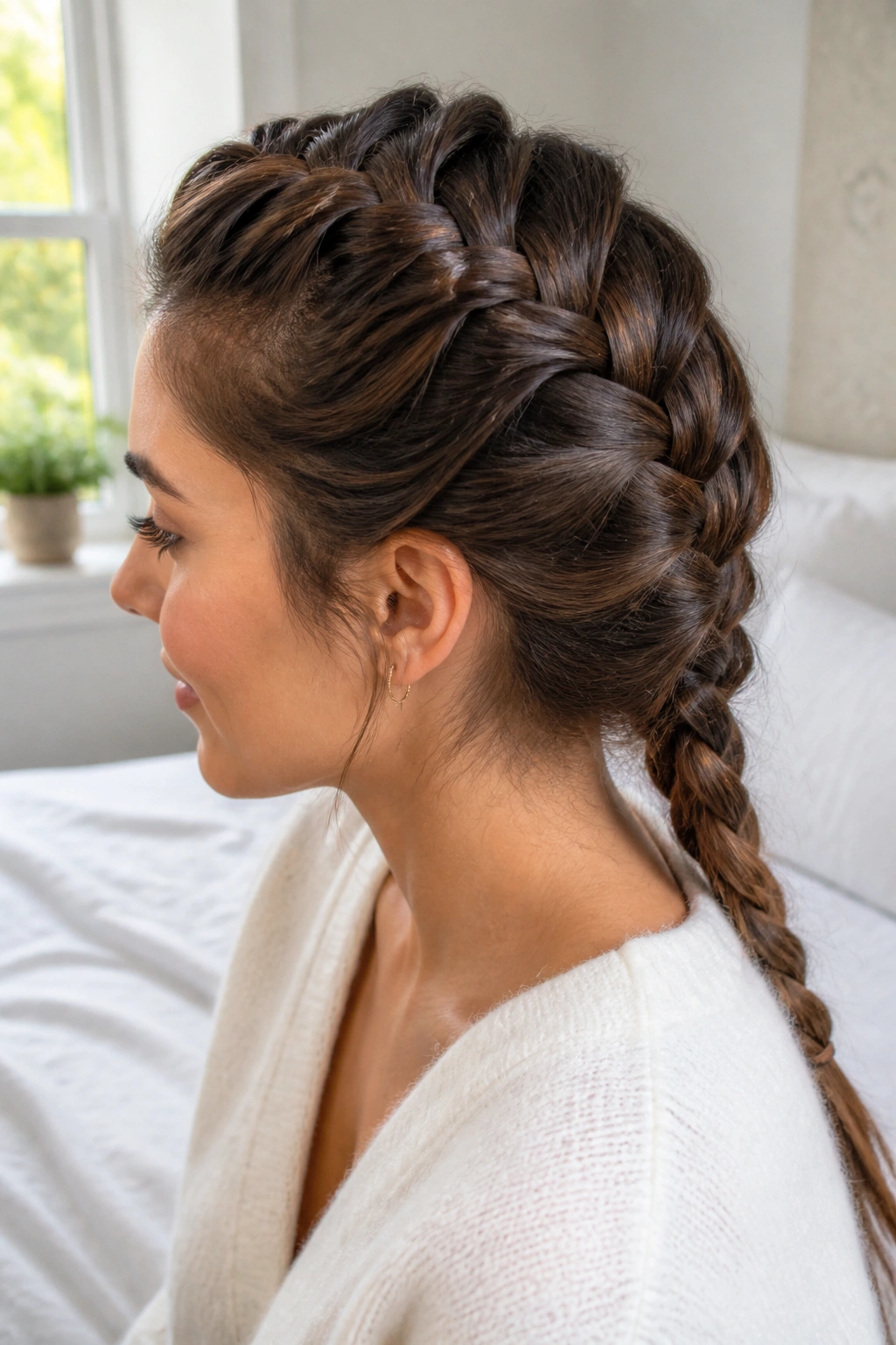 Real woman with crown-start French braid close-up under soft window light
