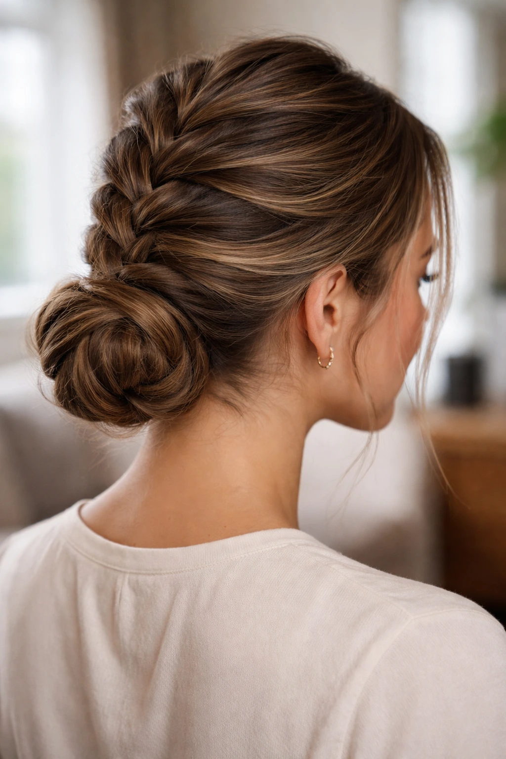 French Braid into Low Bun hairstyle on a real woman