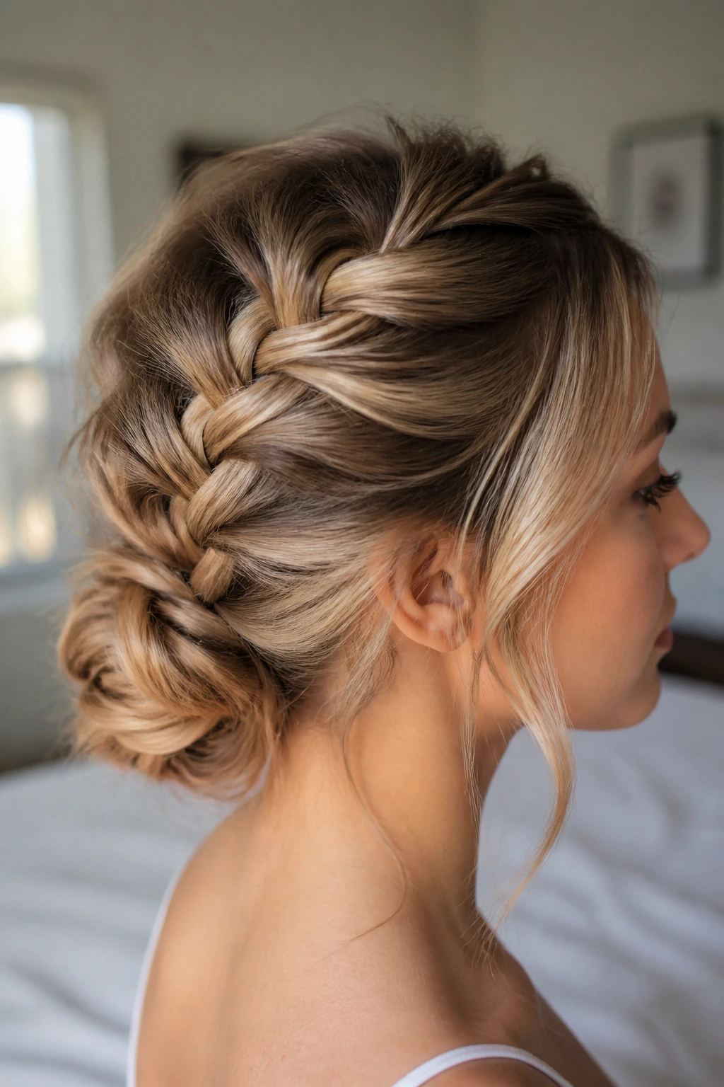 Close-up of a real woman with a French braid turning into a low bun
