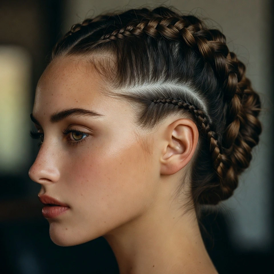 Close-up portrait of a real woman with French braids forming a low bun and side shave