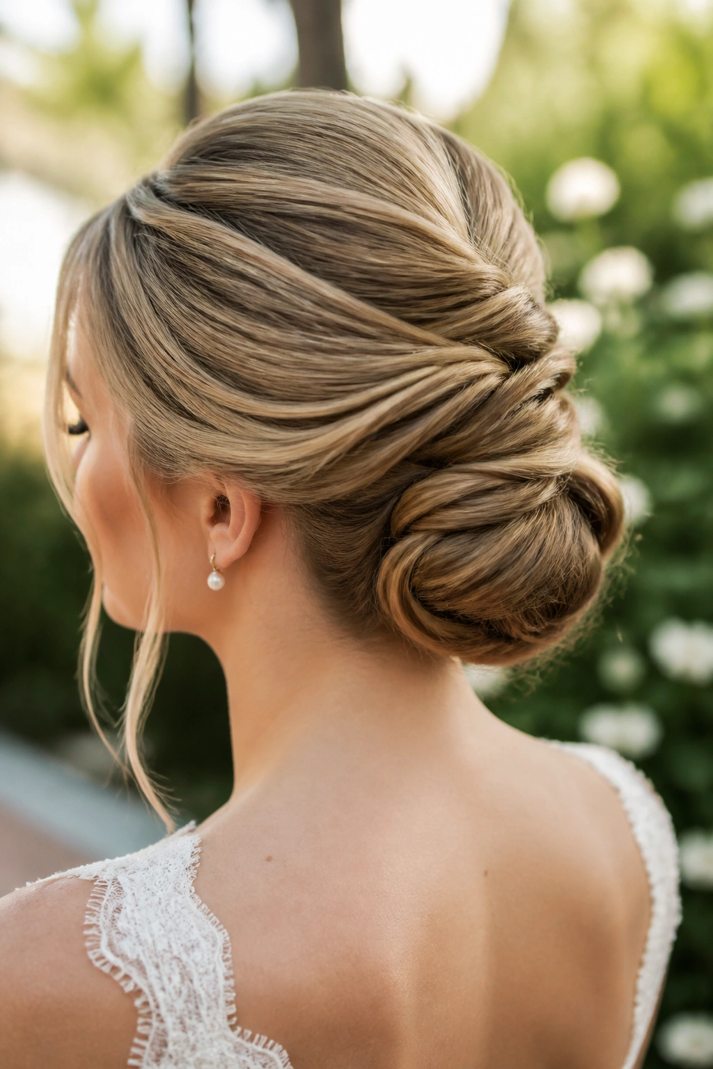 Bride with French twist-bun hybrid chignon