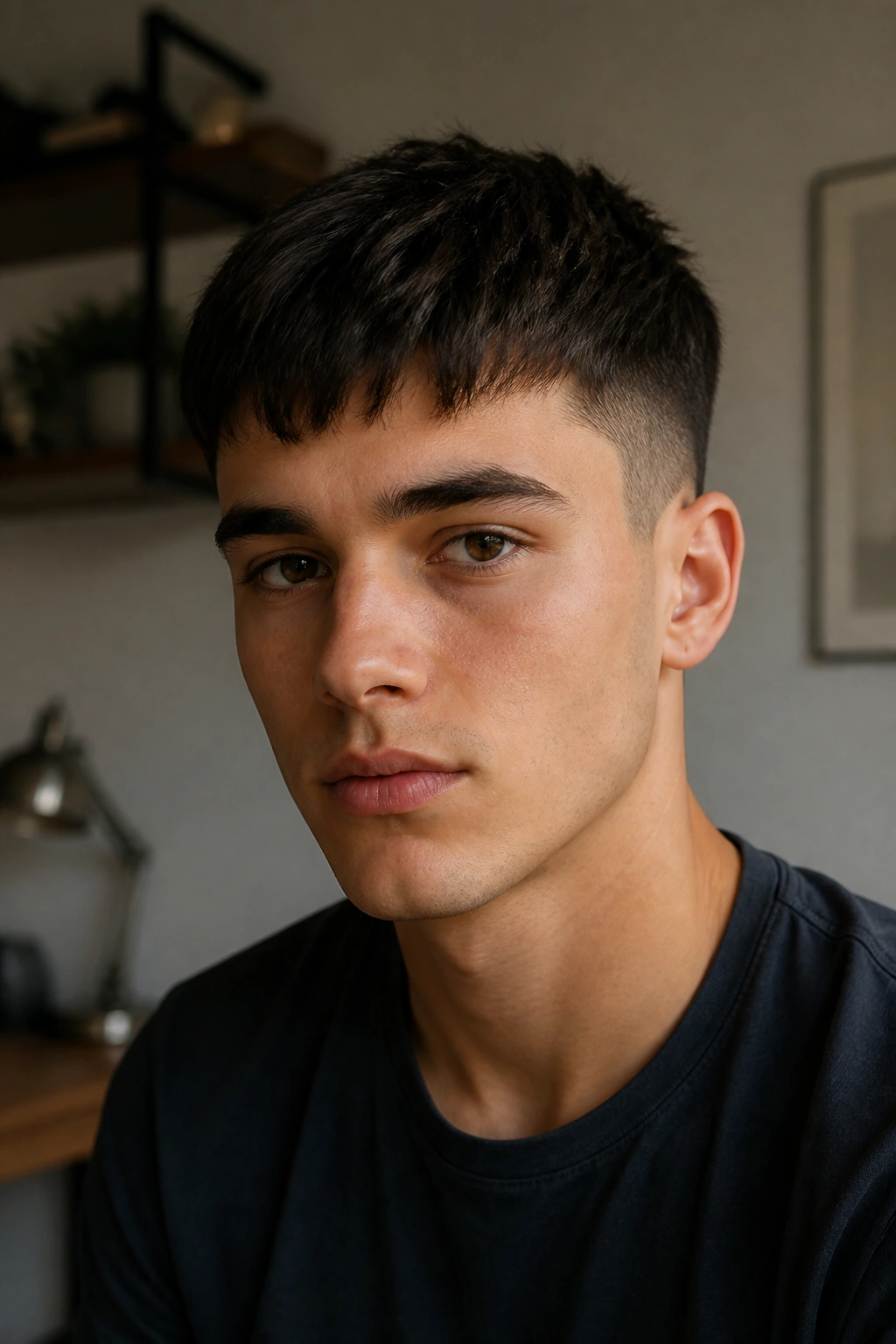 Close-up portrait of a real person with a broken-fringe French crop indoors