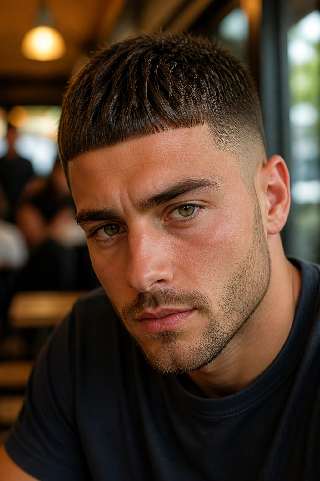Close-up portrait of a man with a French crop hairstyle in a warm cafe setting