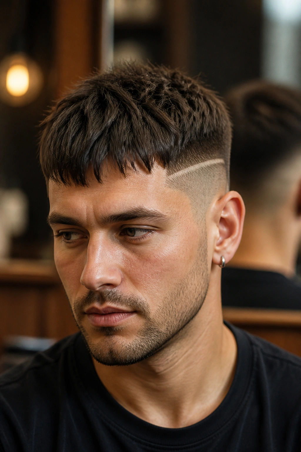 Close-up portrait of a real man with a French crop and disconnected sides