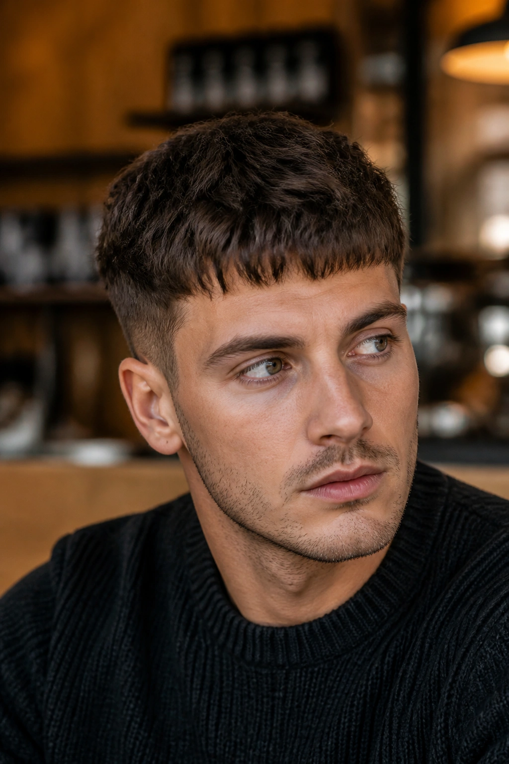 Man with French crop and choppy fringe, textured top