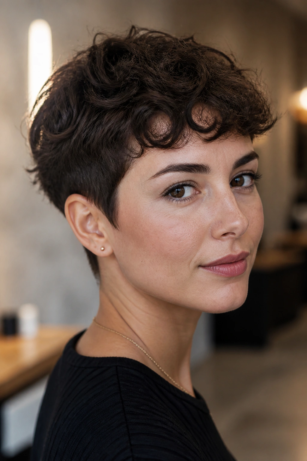 Close-up of a woman with French crop, broken fringe and tidy nape.