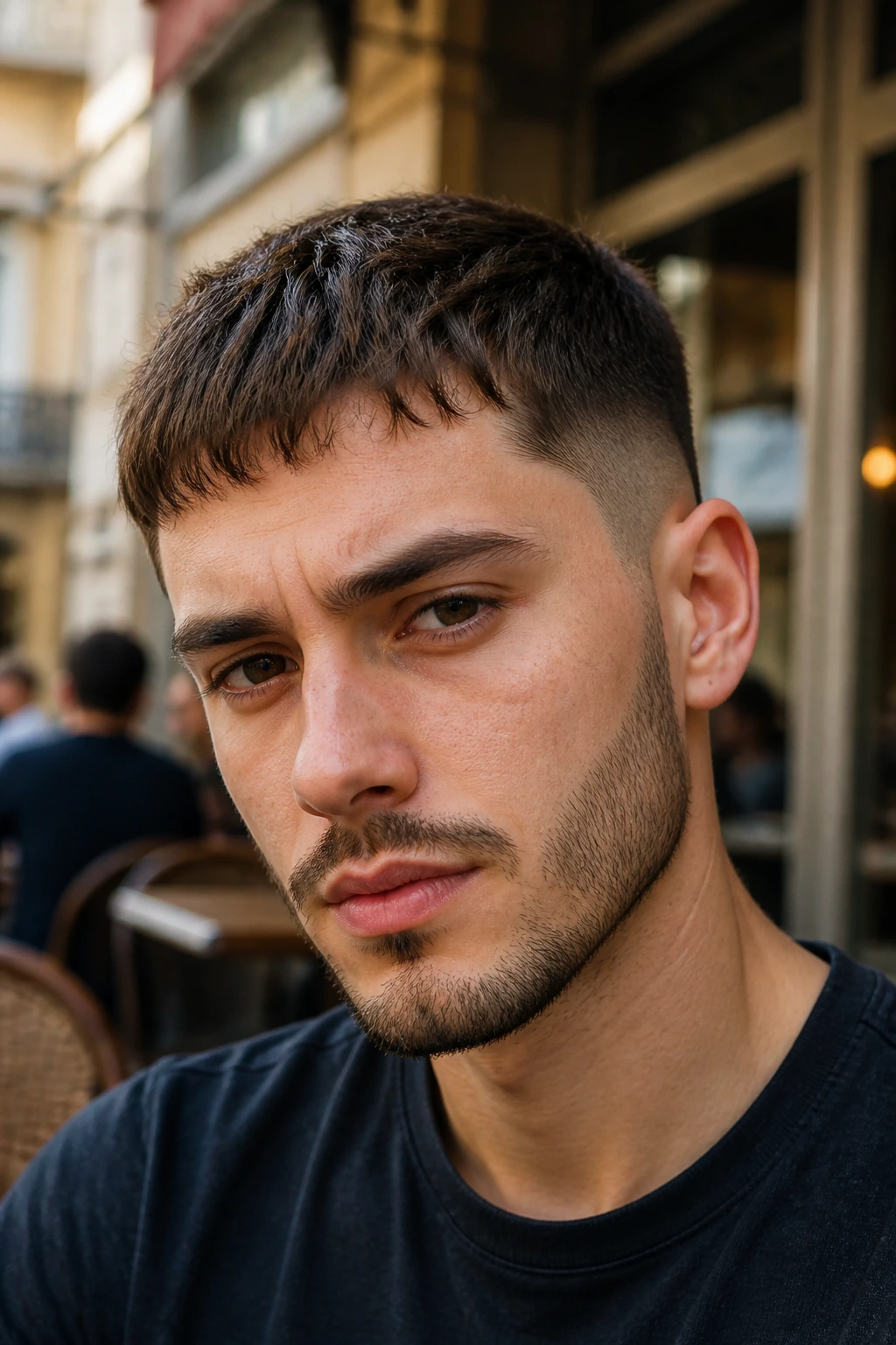Close-up of a man with a French crop and choppy fringe
