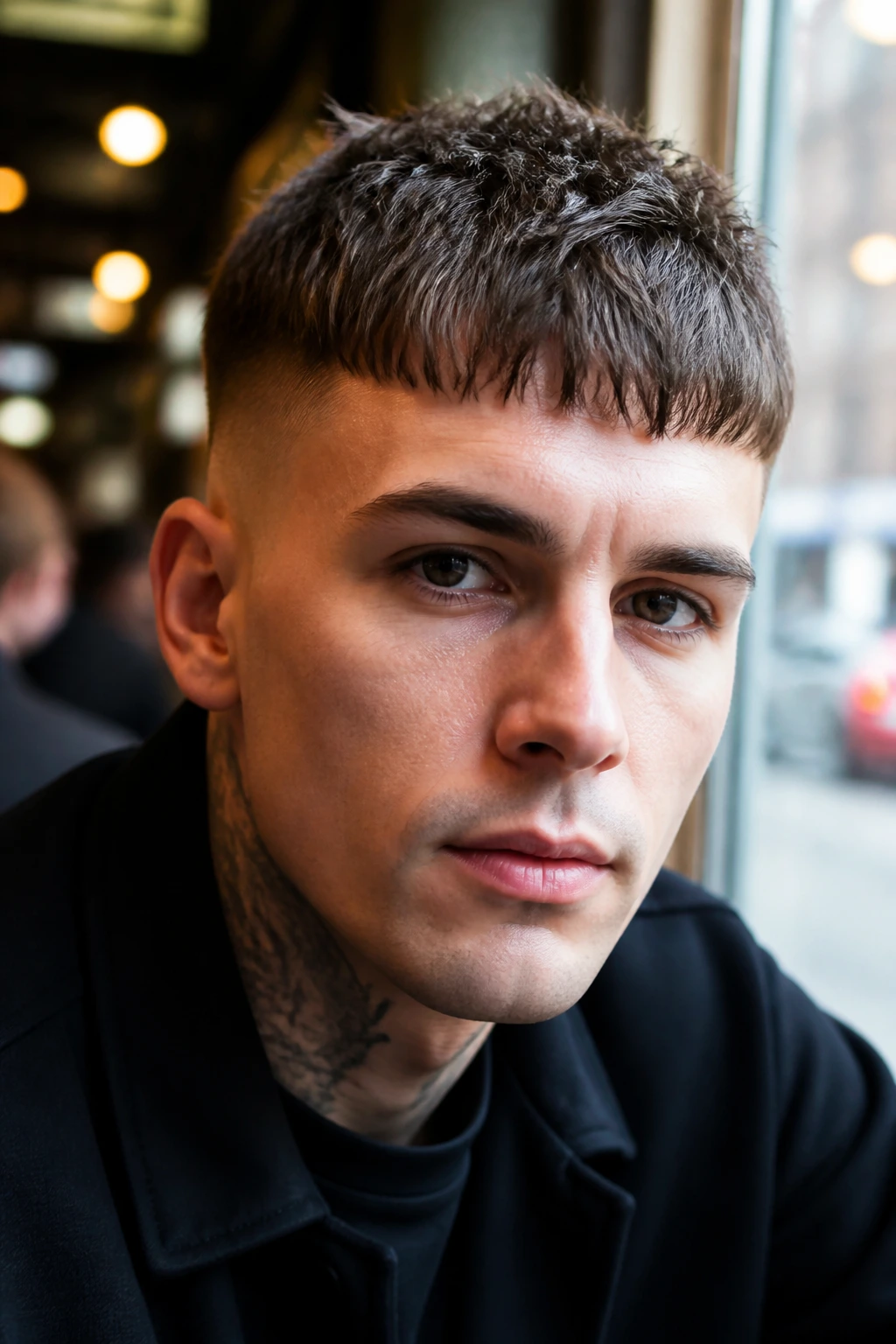Close-up portrait of a man with a French crop and piecey fringe in a cafe.