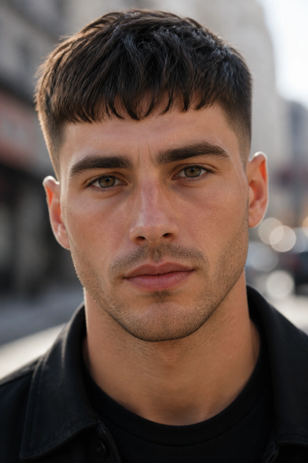 Close-up of a man with a forward-fringe French crop outdoors