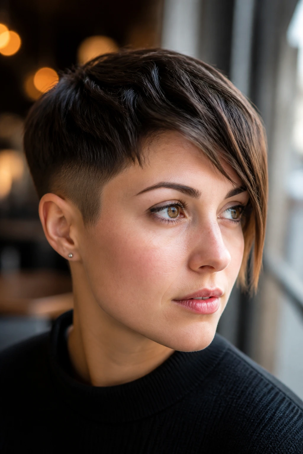 Real person with French crop and long front corner, close-up