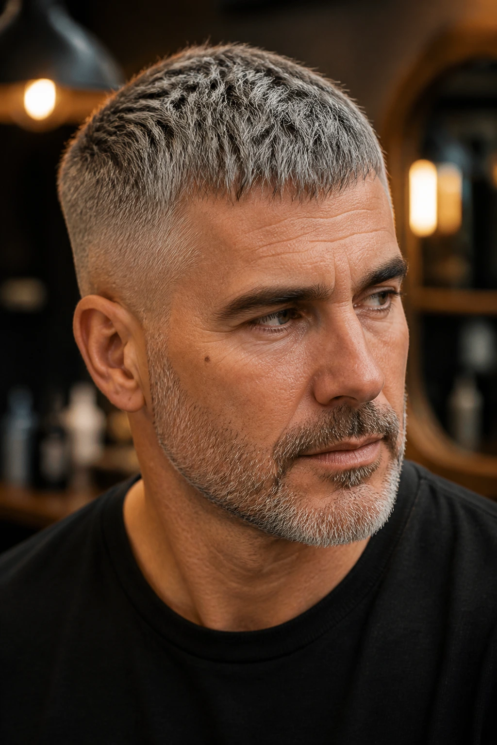 Close-up of man with French Crop and gray hair in barbershop interior