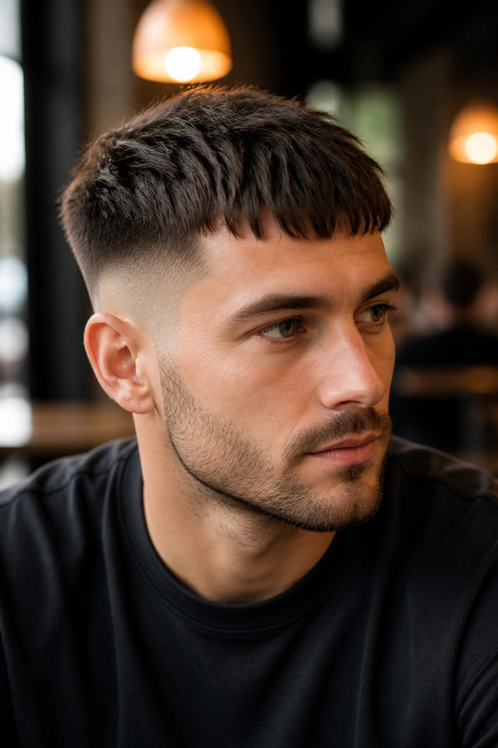 Close-up portrait of a man with a French crop and forward fringe