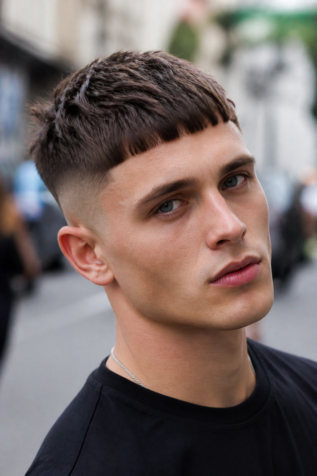 Close-up portrait of a man with a French crop fringe forward and textured top