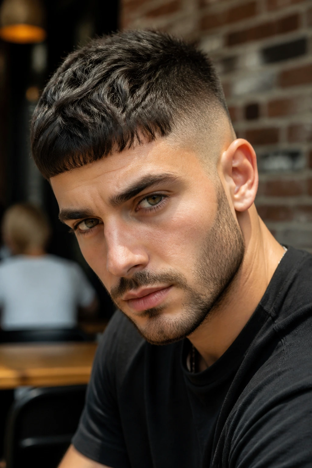 Close-up of a man with a French crop, textured top and forward fringe.