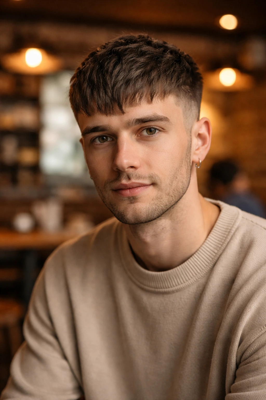 Close-up of man with French crop fringe in cafe lighting